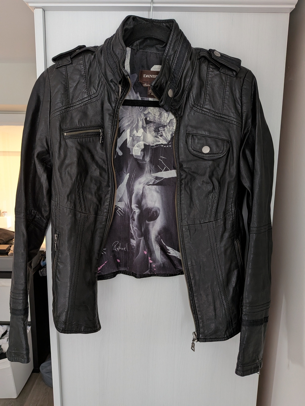 Danier Black Leather Moto Jacket Size XS
